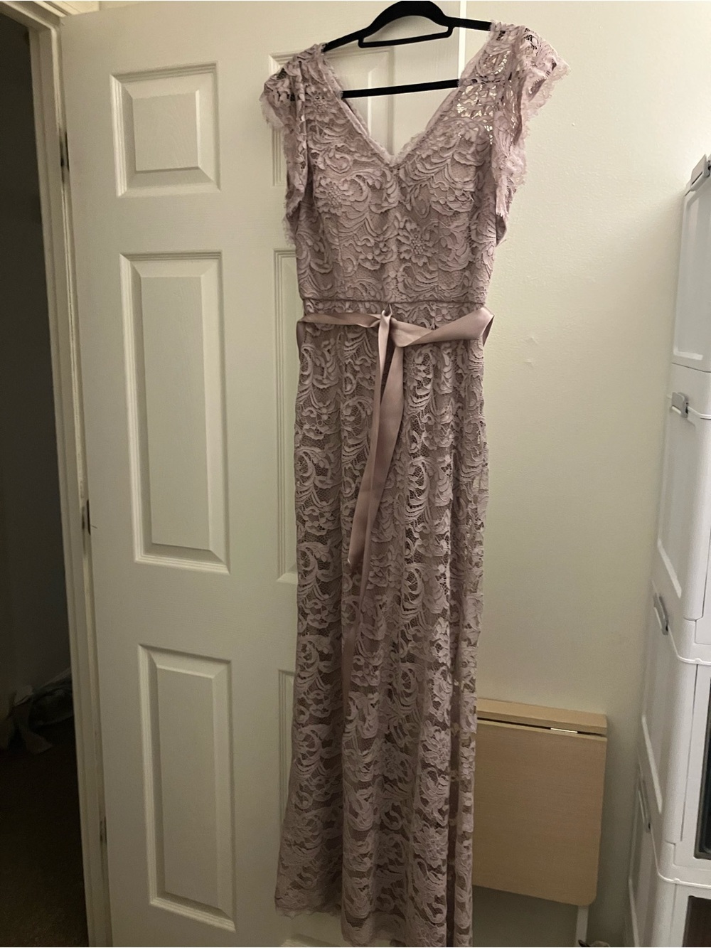 Adrianna Papell Mauve Lace Maxi Dress with Satin Waist Tie